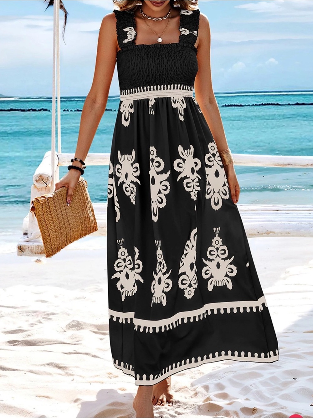 Smocked Black Maxi Dress with White Floral Print - Women Dresses Maxi Large